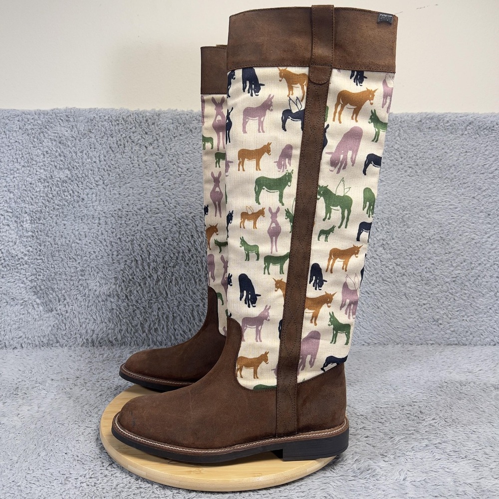 Camper Boots Womens 41 EU‎ 11 US Brown Suede Canvas Horse Print Knee High Riding